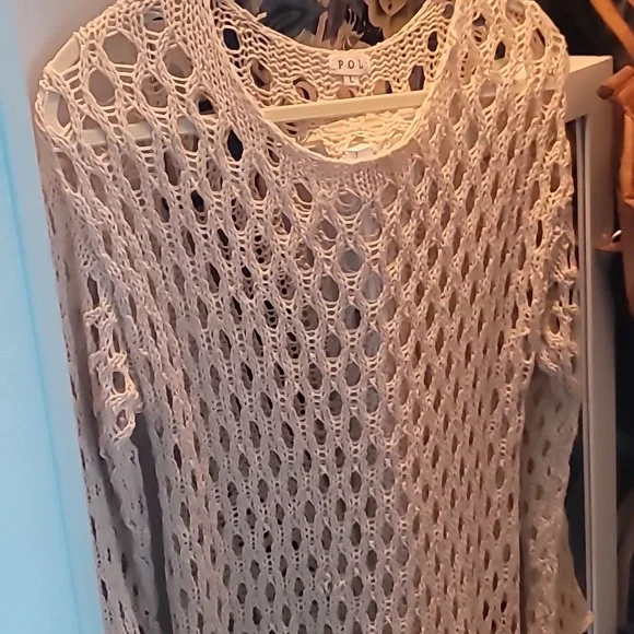 POL Women's Top Large Cream Crochet Mesh Knit Boat Neck Bell Sleeve Sweater - Picture 2 of 9